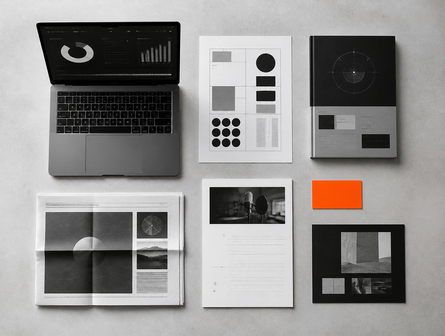 Overhead view of a working marketing system: dashboard on a laptop, grid layout proofs, a brand guideline, a print ad proof and a radio script, with one orange card