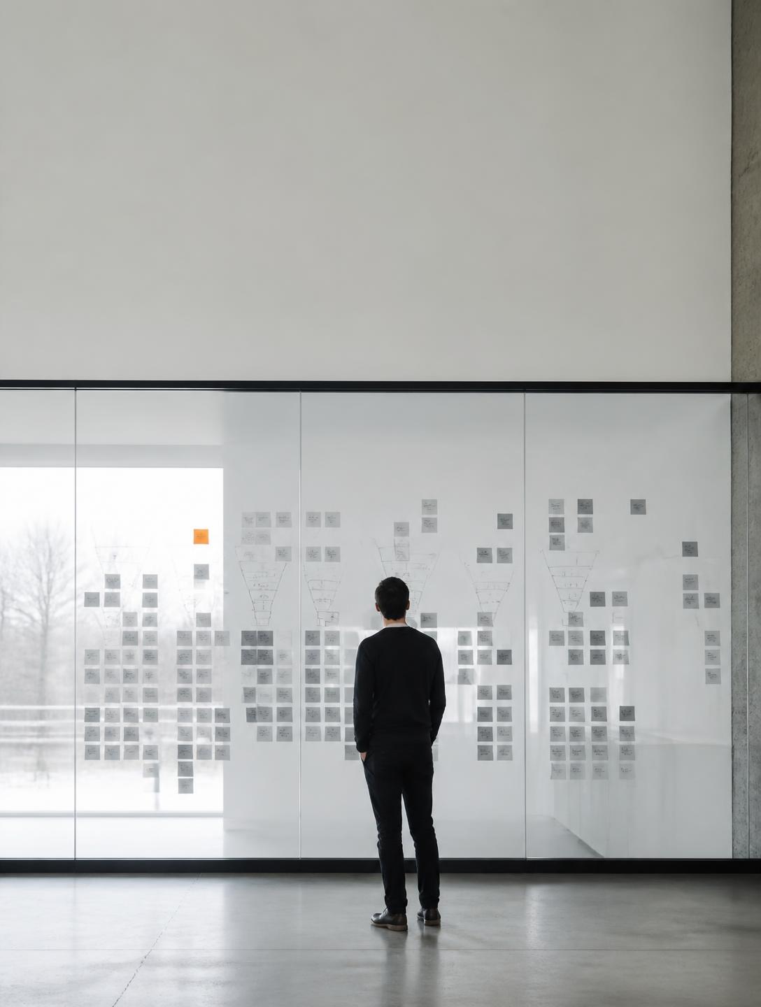 One person alone in a bright studio facing a glass wall covered in funnel diagrams and notes
