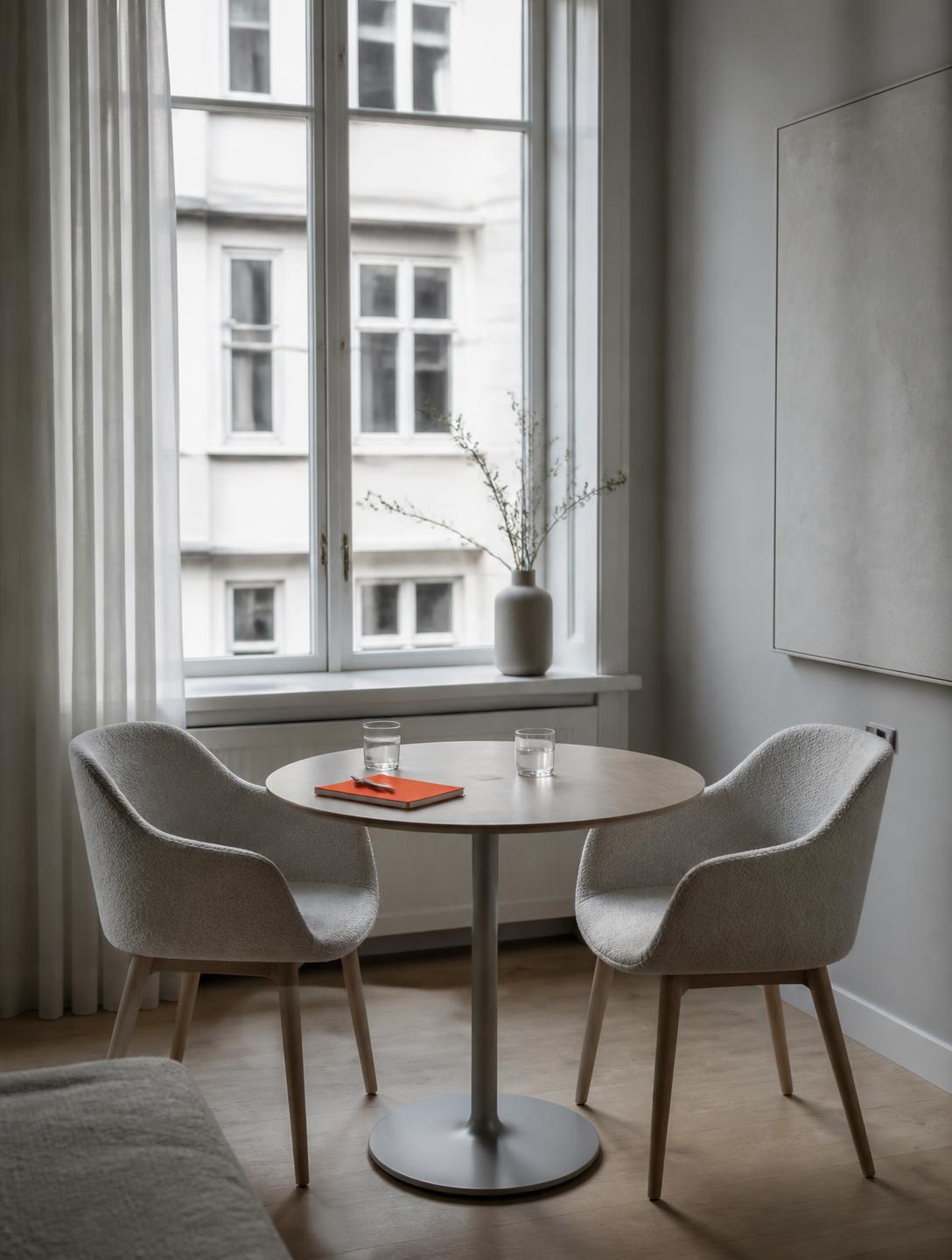Two empty chairs at a small round table by a window, notebook and glasses set out for a conversation