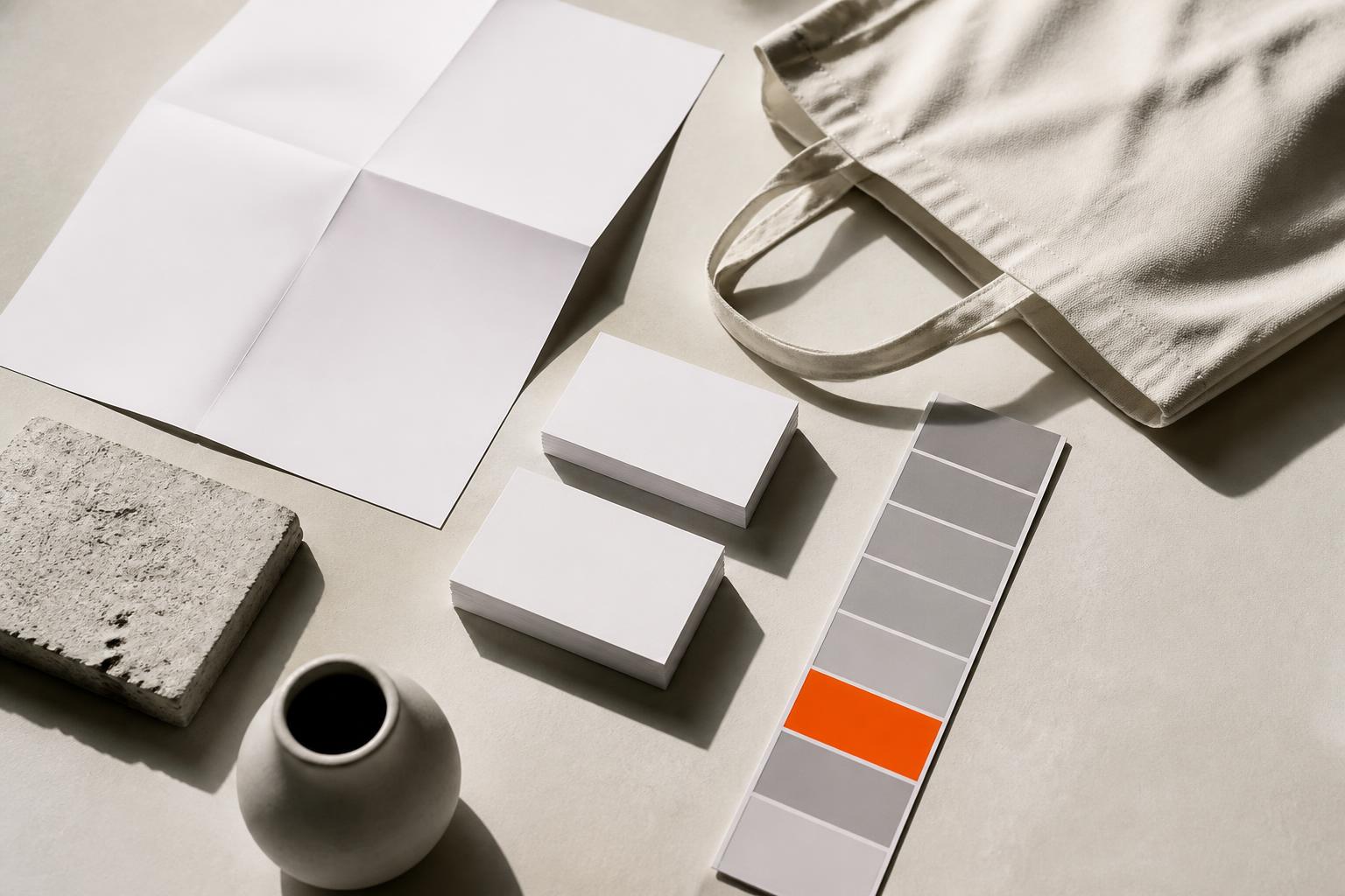 Unbranded stationery, poster and tote laid out with a grey swatch strip and one orange chip — a brand system before it is applied.