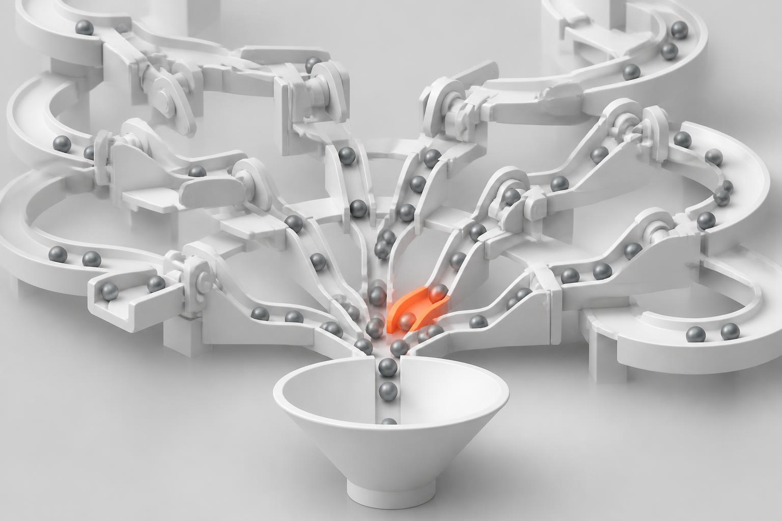 A white mechanical pipeline routing spheres through gates into one funnel — pipeline orchestration and automation.