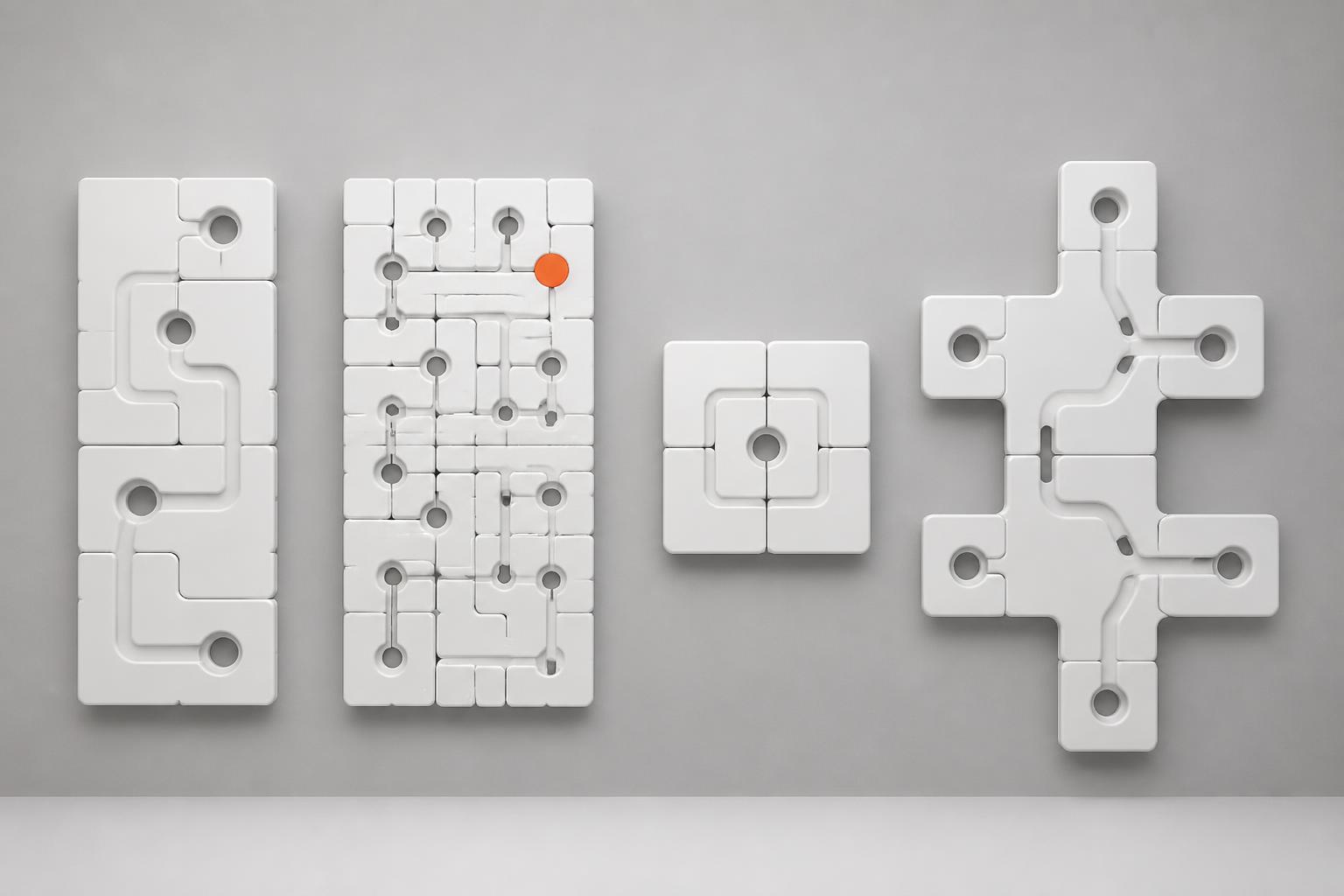 One modular white panel shown in four different configurations — a single system adapting across content modes.